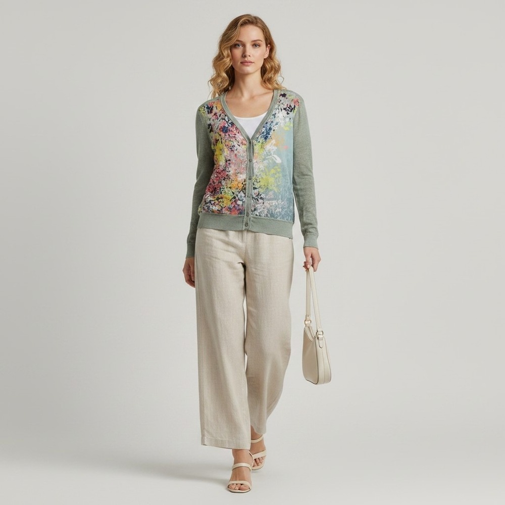 Sundance Large Women's Multicolor Floral‎ Print Cardigan Sweater Art Paint